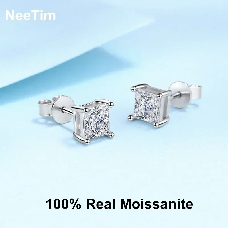 NeeTim 1ct 2ct Prinzessin-Schliff Moissanite Ohrringe s925 Sterling Silber vergoldet mit Weißgold Ohrstecker für Frauen Schmuck