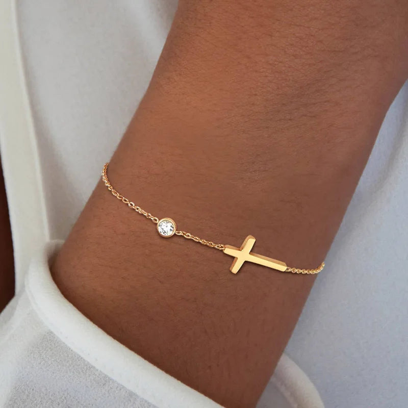 Geburtsstein Zirkonia dünnes Kettenarmband Kreuz Edelstahl Damen verstellbares geschichtetes Armband