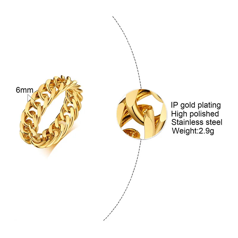 6mm dicker klobiger Kettenring, kubanische Gliederkette, Edelstahl, stilvoller Ring für Frauen und Mädchen