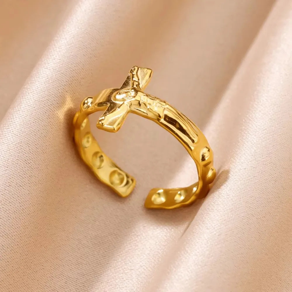Edelstahl Kreuzringe für Frauen Vintage Gold Farbe Öffnung Kreuz Fingerring Party Hochzeit Schmuck Geschenk anillos mujer