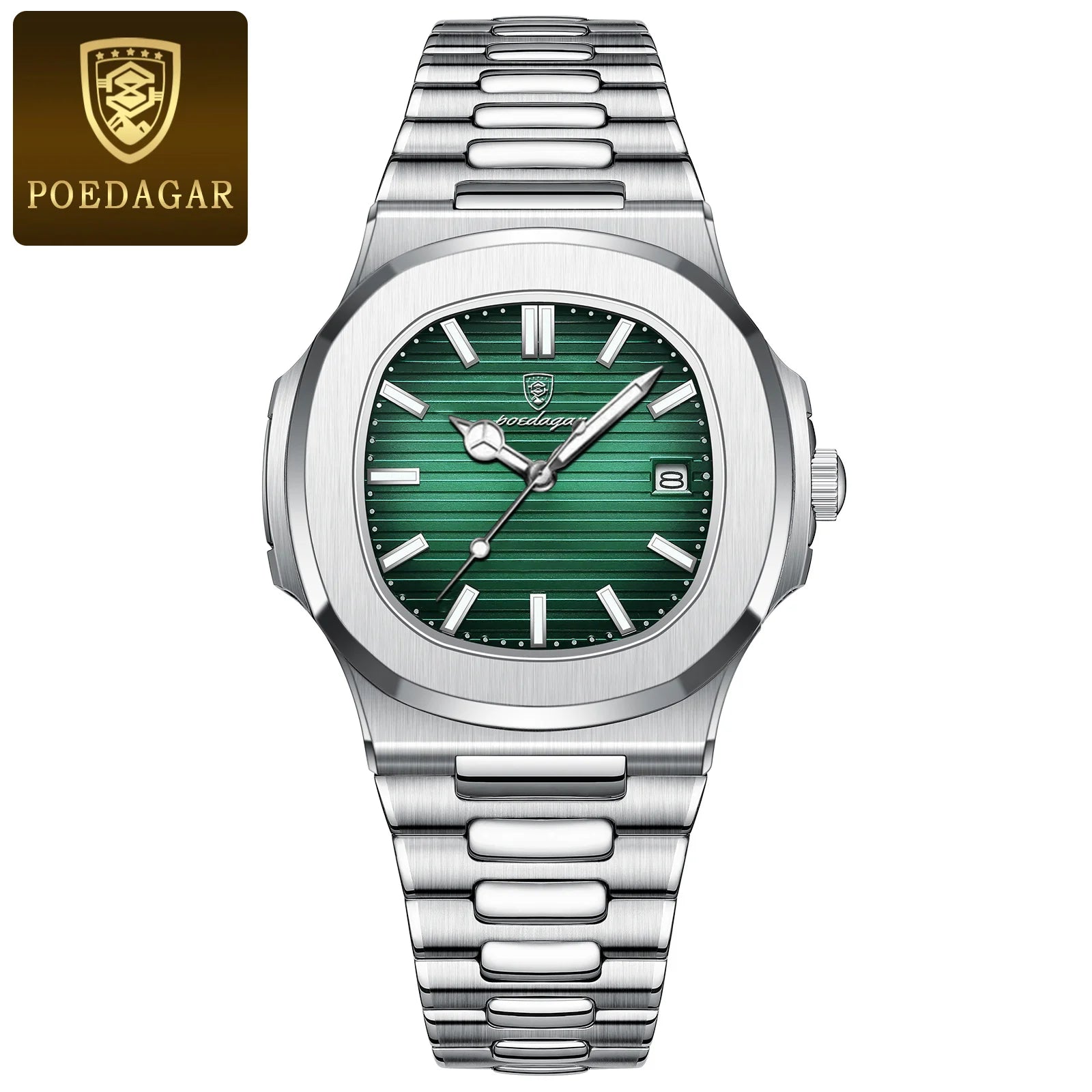 POEDAGAR Reloj de Cuarzo Cuadrado de Moda para Hombre, Impermeable, Luminoso, con Fecha, de Acero Inoxidable, Reloj de Hombre de Negocios de Lujo