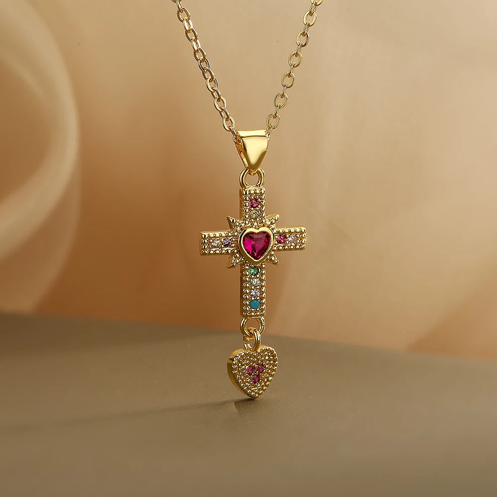 NEWBUY Unique Design Eagle Heart Cross Pendant Gold Color 316L Stainless Steel Chain Necklace CZ Party Jewelry Femme Bijoux