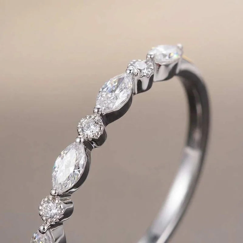 Anillo Apilable Clásico de Plata de Ley 925 con Circones Marquesa para Mujer, Compromiso, Boda, Lujo, Moda, Joyería Fina de Alta Calidad