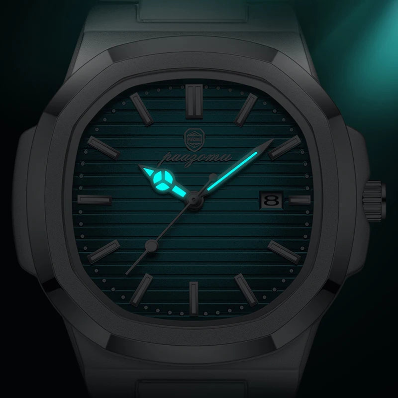 PAAZOMU Reloj de lujo empresarial de 50 ATM, resistente al agua, para hombre, reloj luminoso, fecha, acero inoxidable, cuarzo cuadrado, relojes de hombre, reloj hombre