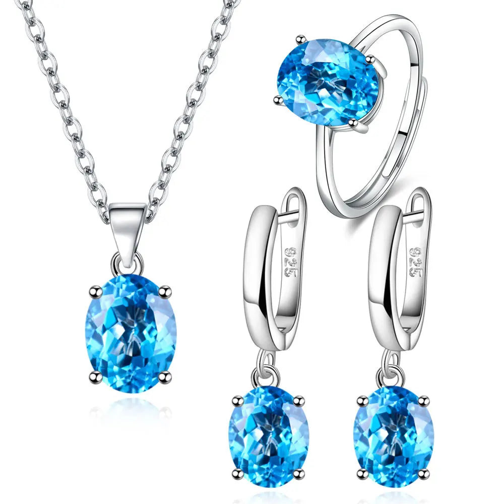 925 Sterlingsilber Elegante Damen Schmucksets Ellipse Zirkon Ring Halskette Ohrringe Accessoires Juwellery Argent 925