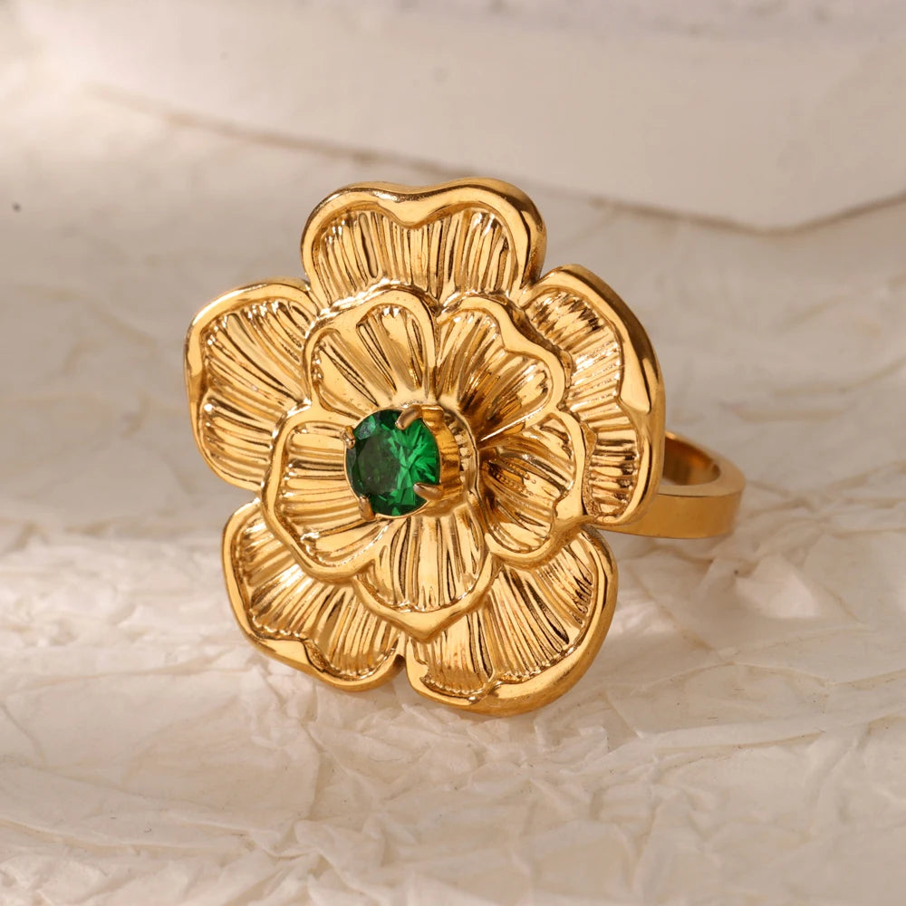 Grüne Zirkonia Herzringe für Damen, Vintage Goldfarben, Edelstahl, offener Ring, modischer ästhetischer Schmuck, Hochzeitsgeschenk