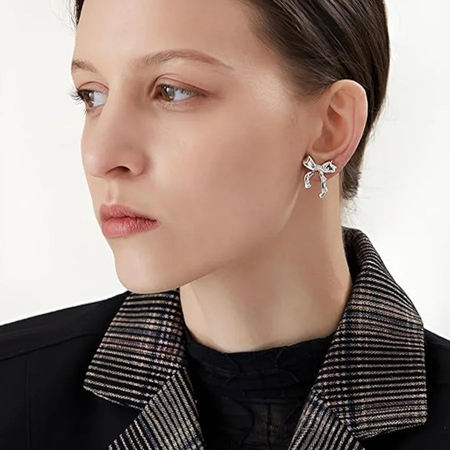Pendientes de Lazo Vintage de Acero Inoxidable para Mujer, Joyería Elegante, Pendientes de Tuerca de Acero Inoxidable Chapados en Oro, Joyería de Navidad