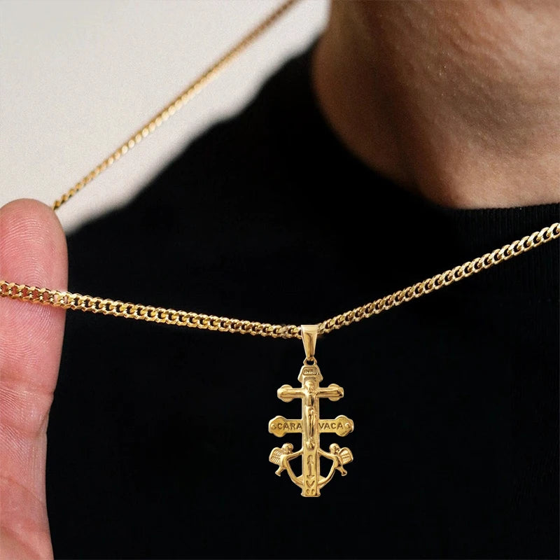 Colgante Cruz de Caravaca con Cristo y Ángeles en Relieve de Acero Inoxidable Abalorios Cruz de Caravaca Accesorios DIY