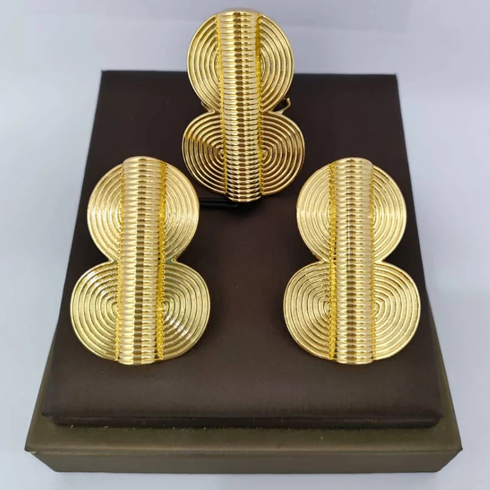 Dubai Goldfarbene Ohrringe mit Ring-Set für Braut, Damenmode, Ohrclip und Fingerring, 2-teiliges Set für Verlobung, afrikanisch, Alltag