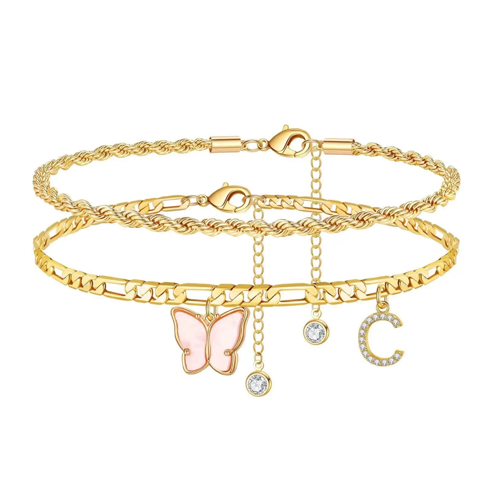 2 Stück Edelstahl Anfangs-Fußkettchen-Set für Frauen, 26 Buchstaben Acryl Schmetterling Charm Kette am Fuß Sommer Fußkettchen Schmuck