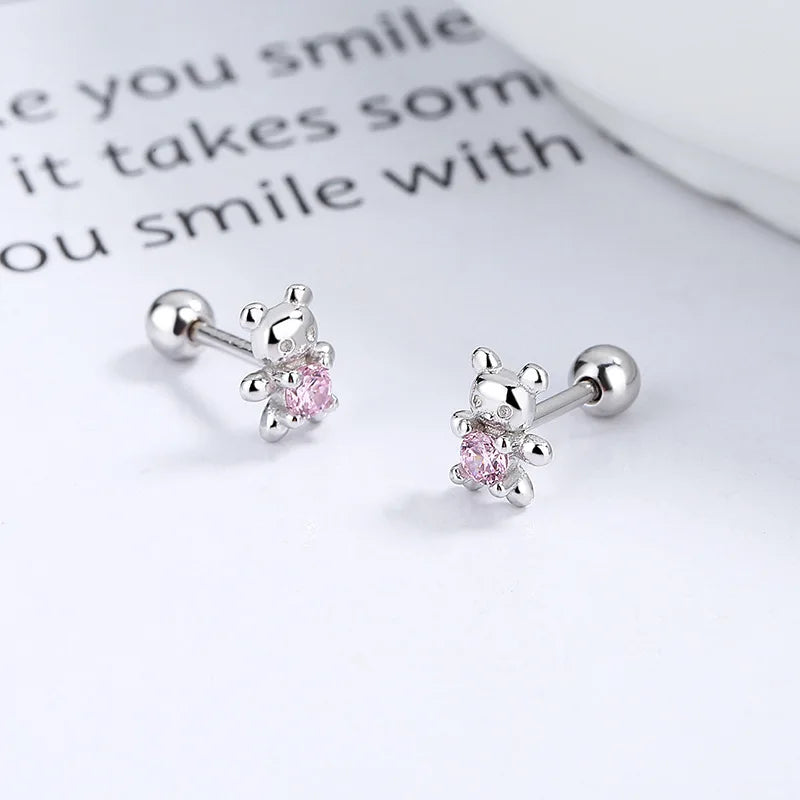 Pendientes de tuerca de plata de ley 925 con adorable oso, tapones de rosca para oreja, elegantes joyas para la oreja, regalo exquisito