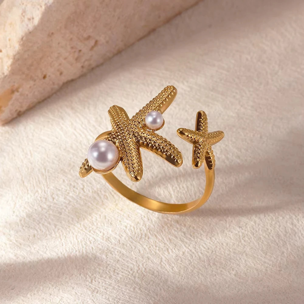 Ozean Seestern Muschel Offene Ringe Für Frauen Goldfarben Edelstahlring Sommer Strand Ästhetik Wasserdichter Schmuck Geschenk