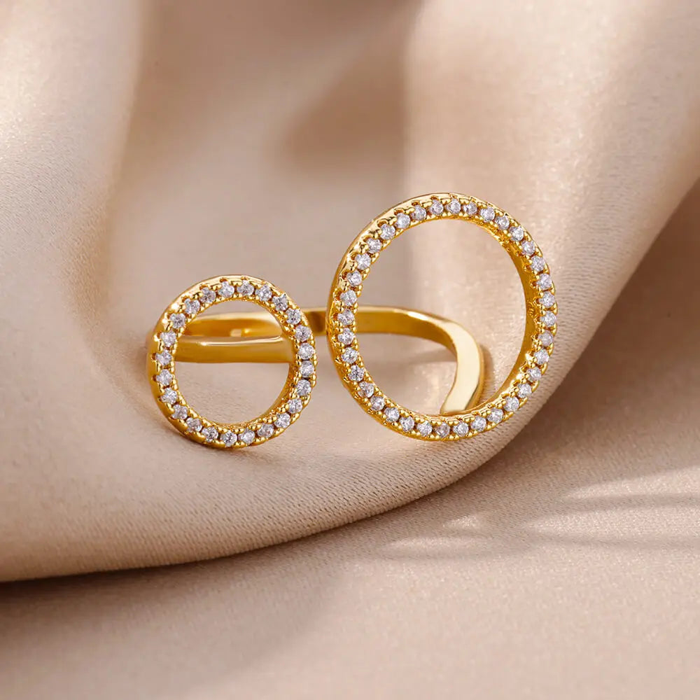 Zirkon Doppelkreisringe für Frauen Edelstahl Verstellbarer geometrischer Kreisring Hochzeit Party Ästhetischer Schmuck Geschenk femme