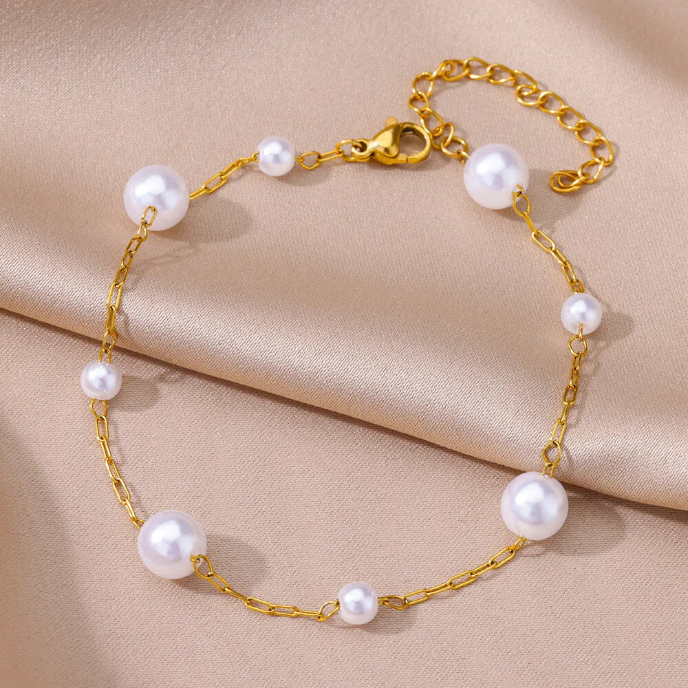 Edelstahl-Imitationsperlen-Fußkettchen für Damen, goldfarbene Kette, Knöchel-Armband, Fußkettchen, Sommer-Strandschmuck-Accessoires, Geschenk