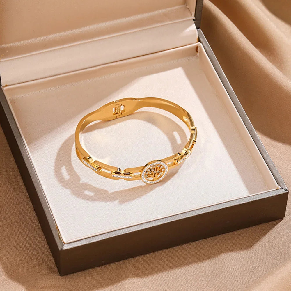 Luxus-Edelstahl-Lebensbaum-Armband für Damen und Herren, goldfarben, Zirkonia, farbecht, Glücks-Armreif, Schmuck