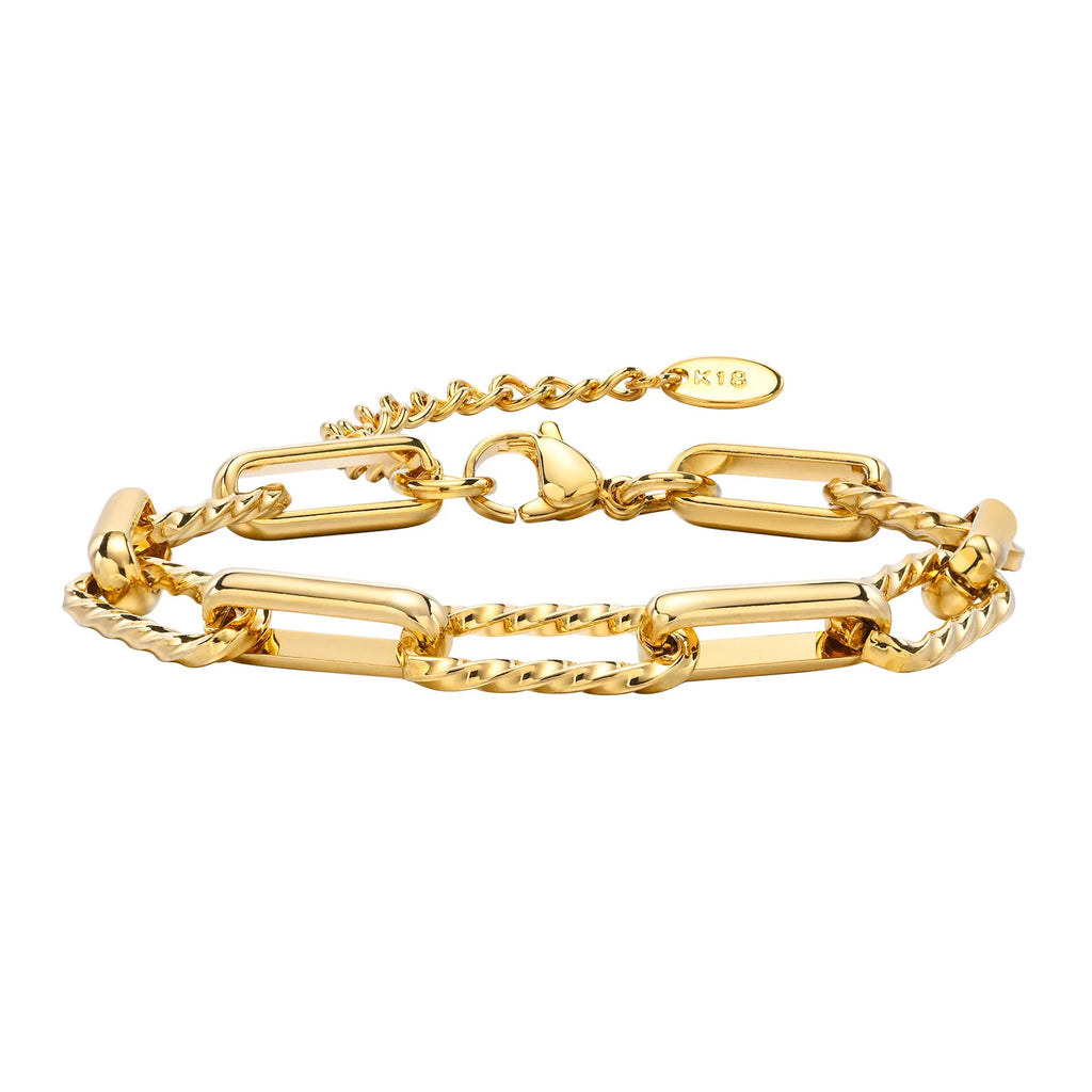 Damen-Armband aus Edelstahl, 18 Karat vergoldet, gedreht, Büroklammer-Design, verstellbares Gliederarmband, klobiger stapelbarer Lagenlook-Schmuck