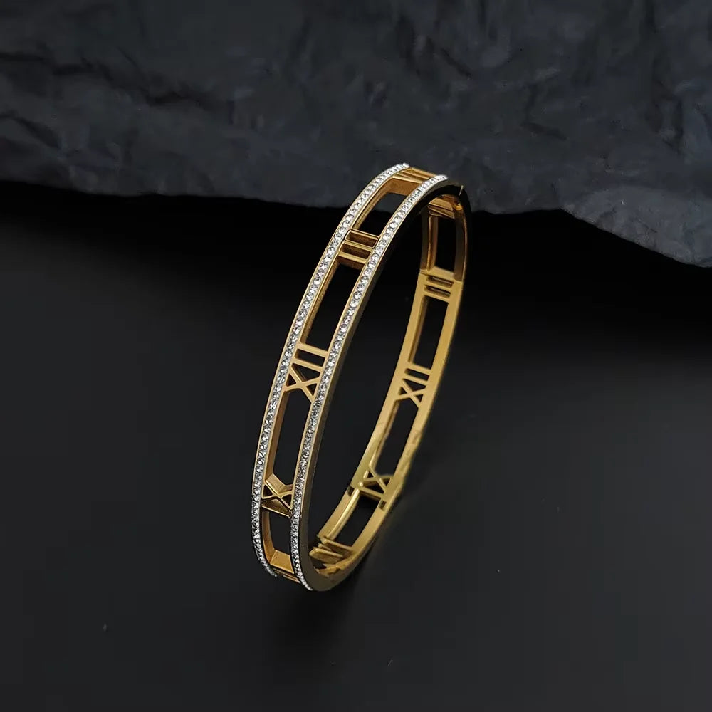 Luxus Kristall Hohl Römische Ziffer Armbänder für Frauen Männer Edelstahl Unisex Armreif Mode Klassischer Schmuck Accessoires