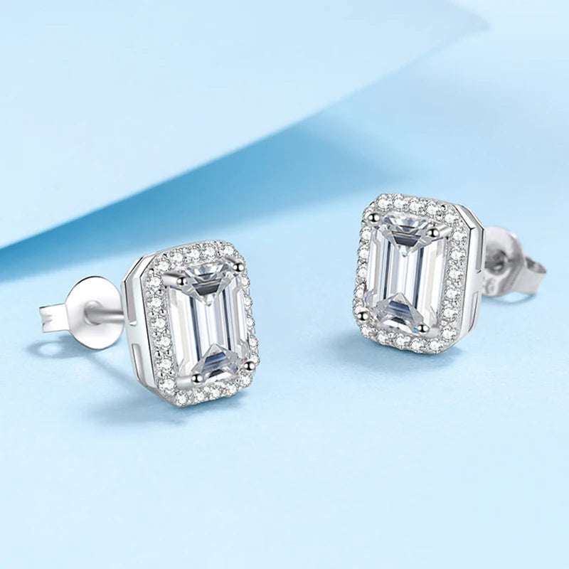 NeeTim Pendientes de Moissanita de 0.5CT 1CT 2CT con Corte Esmeralda para Mujer, Pendientes Clásicos de Novia con Corte Radiante, Joyería de Plata S925
