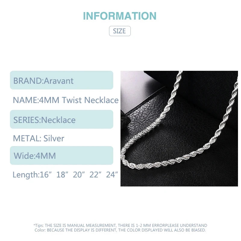 Aravant Collar de Plata 925 de 4 mm con Cadena de Serpiente Retorcida para Mujer, Joyería de Moda
