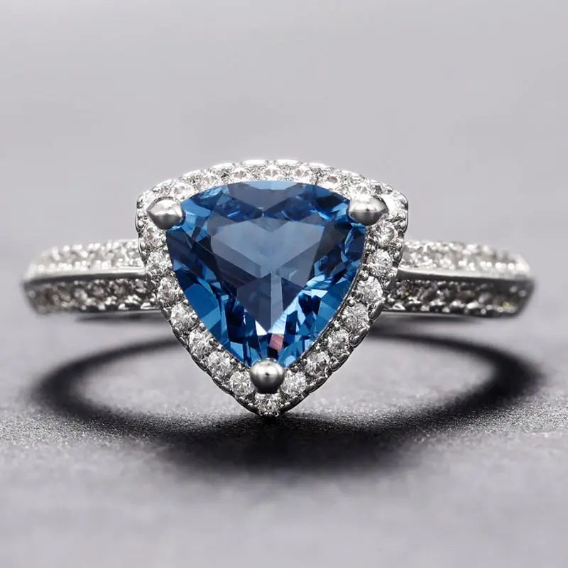 Anillos de triángulo de plata de ley 925 con circonitas azules oscuras de lujo para mujer, joyería de moda clásica para compromiso, boda, regalo de aniversario