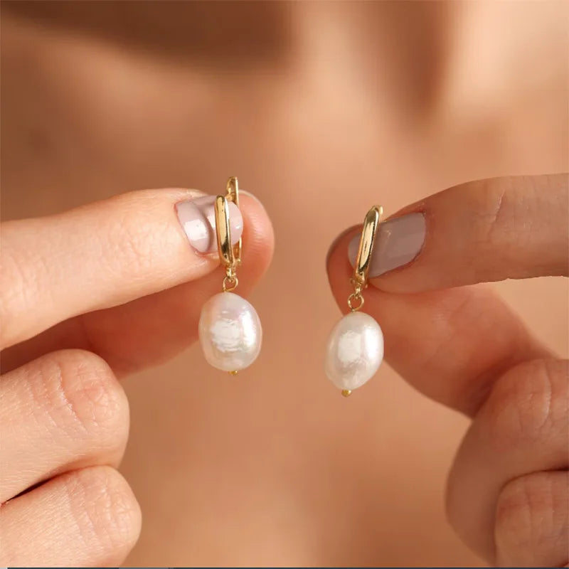 Natürliche Zirkon-Perlenohrringe für Frauen, vergoldet, Edelstahl, geometrische Creolen mit Perlen, Hochzeit, Brautjungfern, Schmuckgeschenk