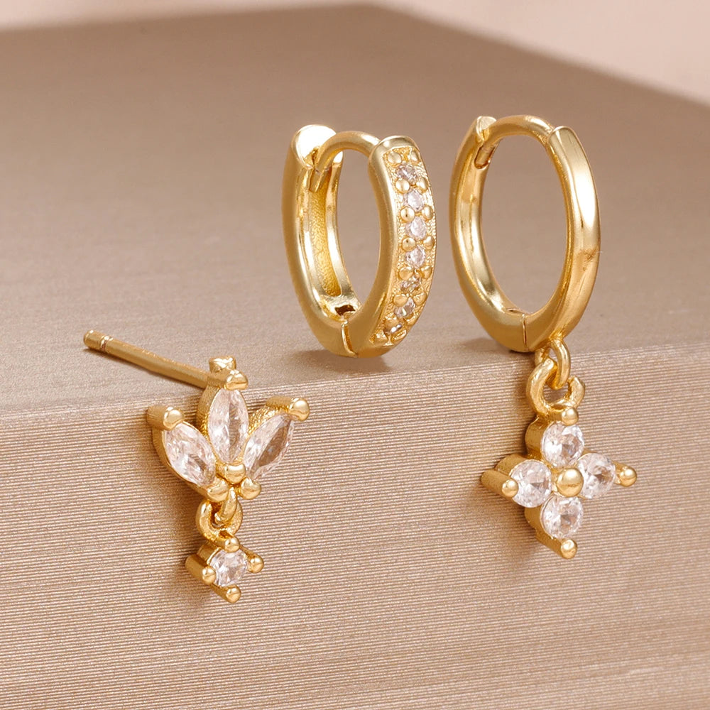 3 Paar modische orange-blaue Zirkon-Hängeohrringe für Damen, Edelstahl-Blumen-Baumelohrringe, Piercing-Schmuckset