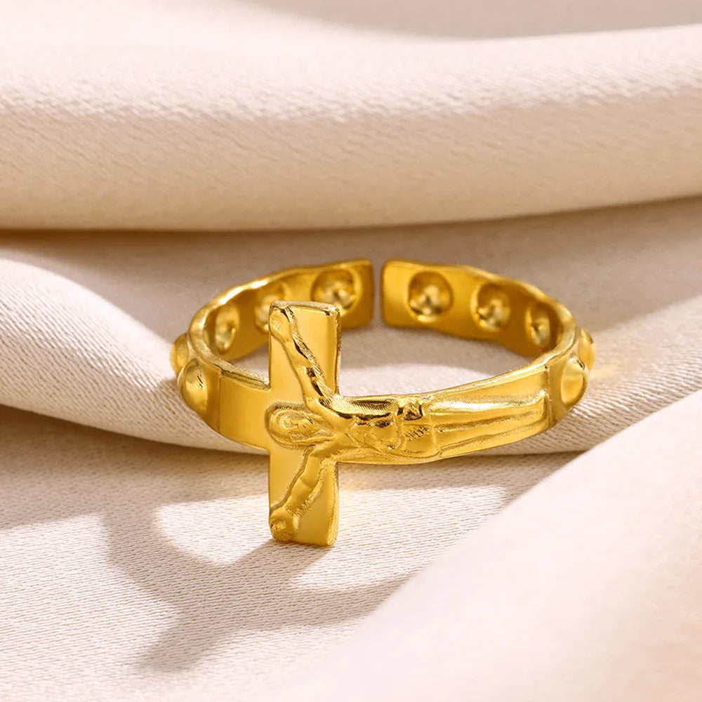 Vintage Jesus Kreuzringe für Damen Herren Goldfarbe Edelstahl Jesus Kreuz Verstellbarer Ring Religiöser Party Schmuck Geschenk