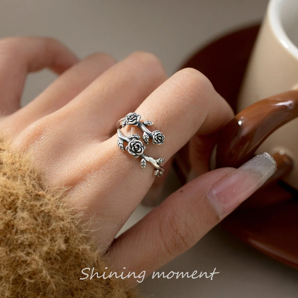 925 Sterlingsilber Rosenzweig Verstellbare Ringe für Frauen Verlobung Hochzeit Weibliche Luxus-Schmuck-Accessoires Schmuck