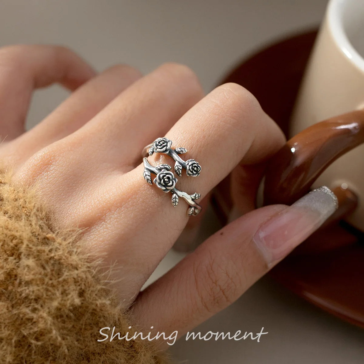 925 Sterlingsilber Rosenzweig Verstellbare Ringe für Frauen Verlobung Hochzeit Weibliche Luxus-Schmuck-Accessoires Schmuck