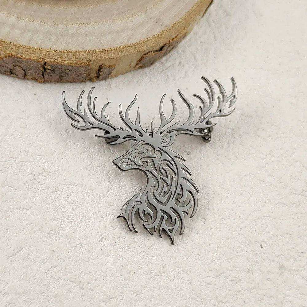 Creative punk style hollow sika deer stainless steel gold-plated 18K brooch, black suit accessories, wedding matching set