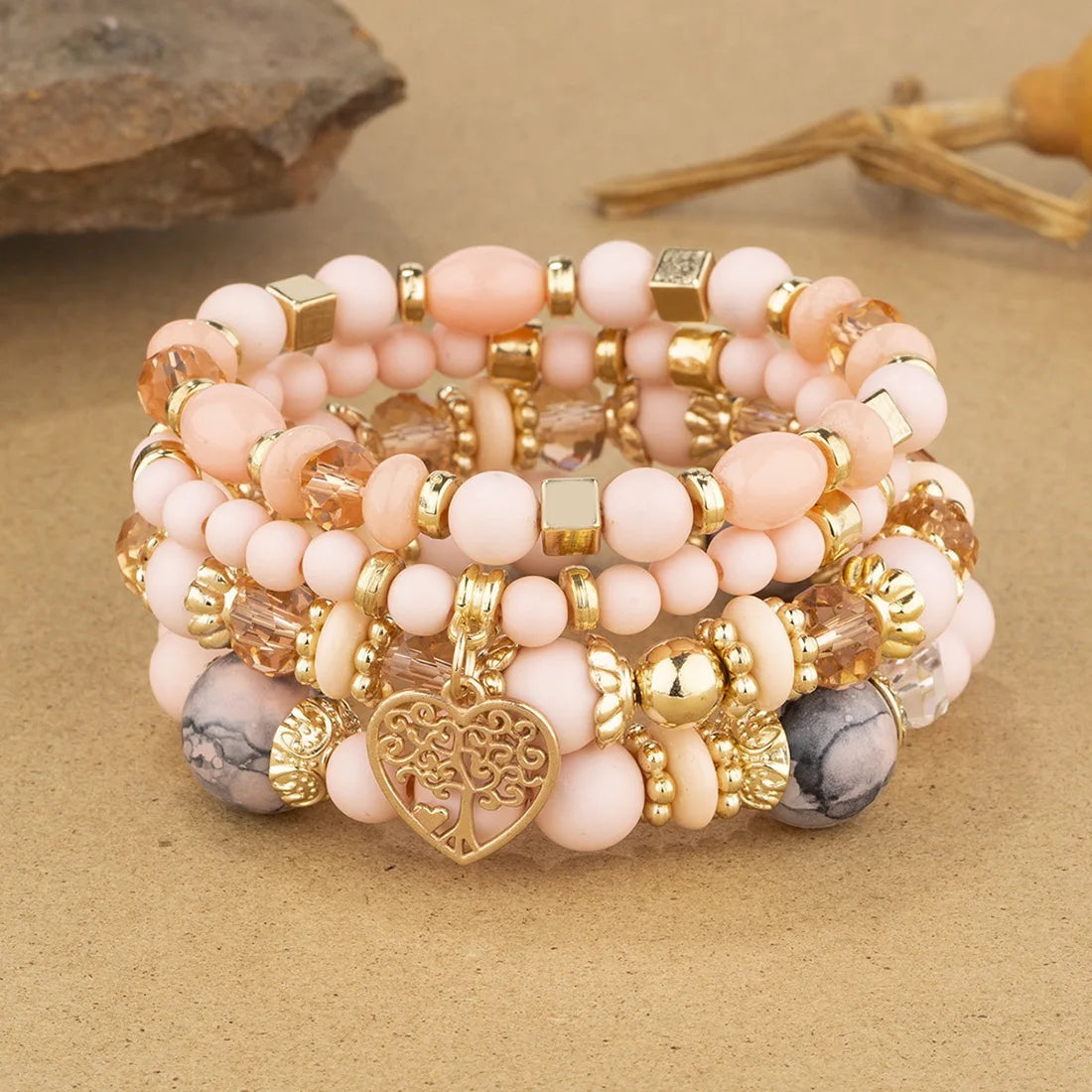 4 Stück Lebensbaum Herz Armband Set Für Frauen Acryl Glasperlen Kette Elastisches Armband Weibliche Mode Party Schmuck
