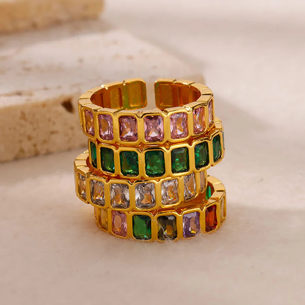 Bunter Zirkonia-Ring für Damen, Edelstahl, goldfarben, offener Ring, Vintage-Boho-Hochzeitsfeier-Schmuck, Geschenk-Accessoires