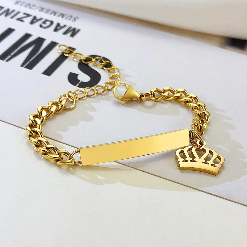 Individuelles personalisiertes Namens-ID-Armband für Mädchen und Jungen, Edelstahl-Gliederketten-Kronenarmband, nicht allergisch