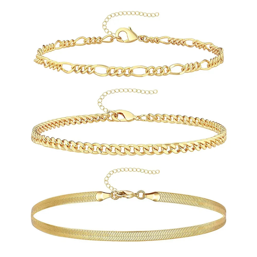 3tlg. Edelstahl Strand-Fußkettchen-Set für Damen, wasserdicht, Schlangen-Gedrehte Seilkette, Fußschmuck, Mädchen, Sommer-Knöchelarmband