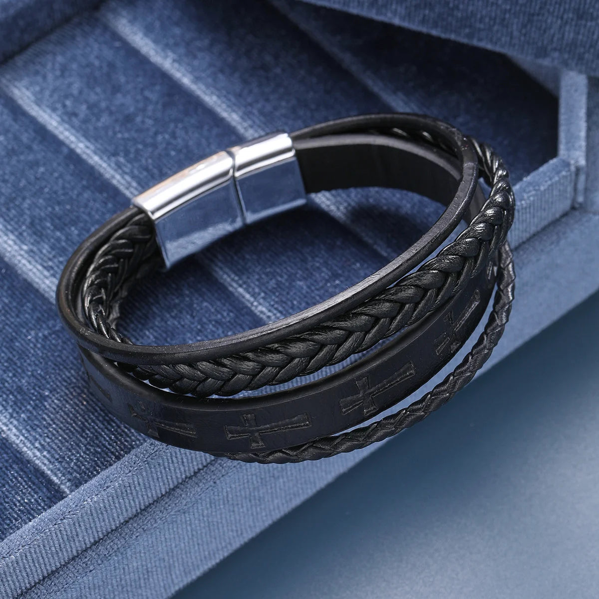 Fashion Kreuz Lederseil Armband für Herren Vintage Geflochtenes Lederarmband Punk Metall Magnetverschluss Persönlichkeit Armband Schmuck