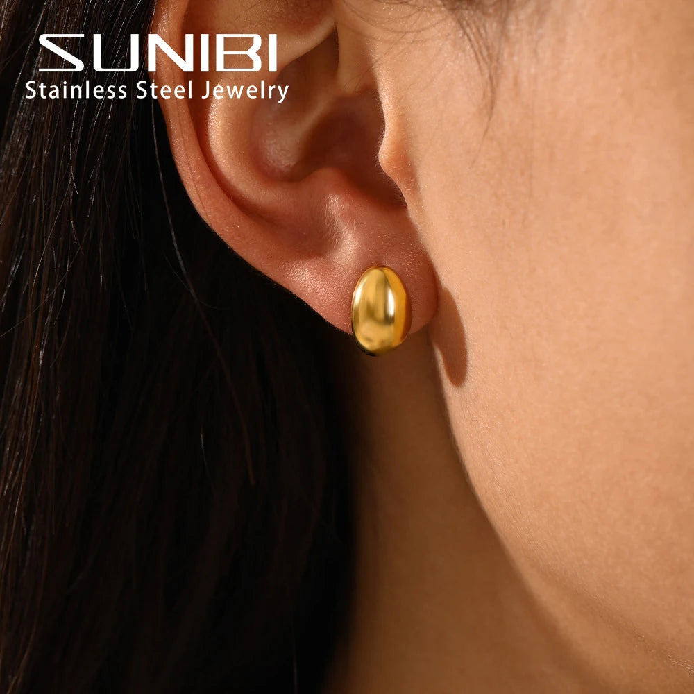 Pendientes de tuerca de acero inoxidable SUNIBI para mujer, color dorado, color plateado, pendientes sencillos, aros gruesos y lisos para esposas, joyería de moda.