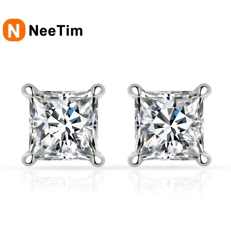 Pendientes de moissanita con corte princesa de 1 quilate NeeTim para mujer, plata de ley 925 con chapado en oro, aretes para bodas, fiestas, joyería fina