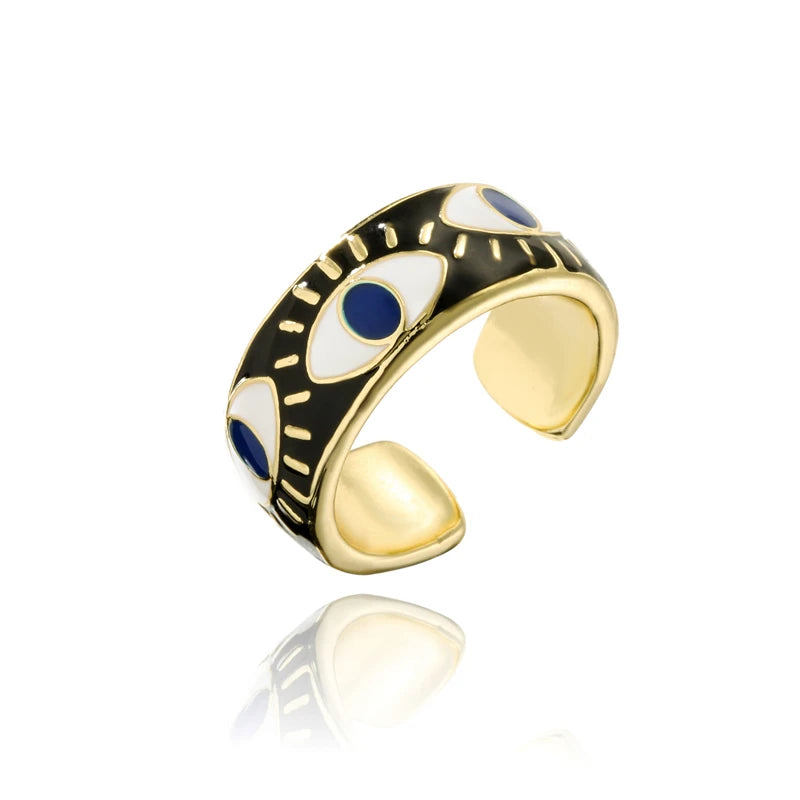 NEWBUY 2024 Mode Goldfarbe Kupfer Hochzeitsschmuck AAA CZ Böses Auge Design Offener Ring Für Frauen Mädchen Verlobungsgeschenk