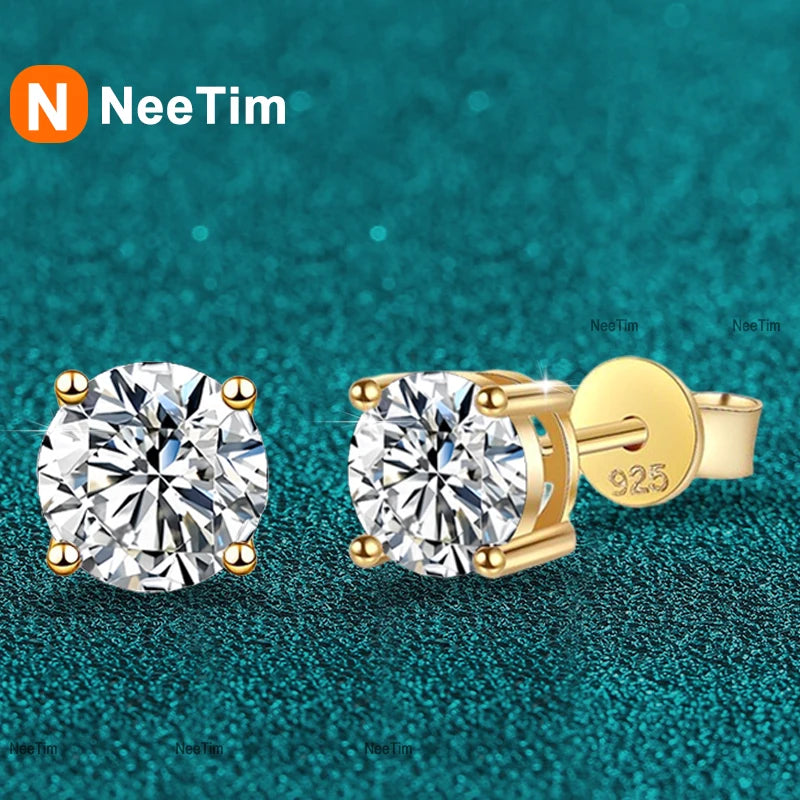 NeeTim 0.2-2 Karat Moissanit Ohrringe für Damen, 925 Sterling Silber Ohrstecker mit Gelbgold plattiertem Labordiamanten, Hochzeitsschmuck