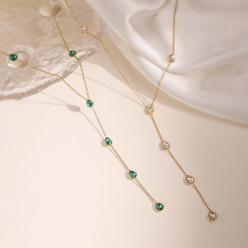 NEWBUY Fashion Gold Color Stainless Steel Choker Necklaces For Women Delicate White/Green/Red CZ Zircon Inlay Jewelry