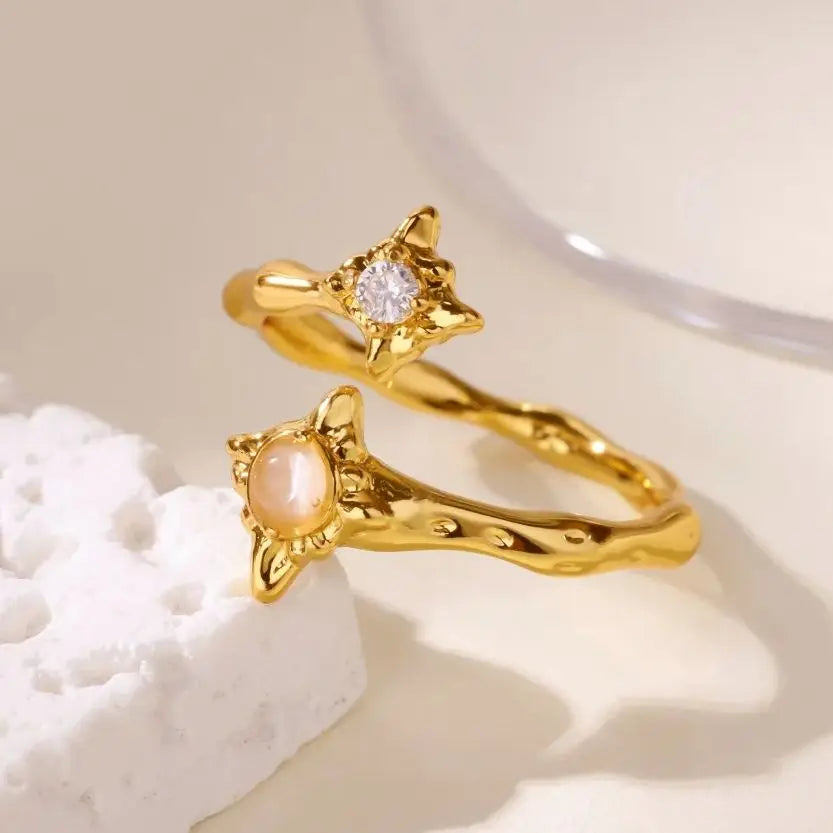 Zirkon Blumenringe für Frauen Goldfarbene Doppelte Blume Verstellbarer Edelstahlring Hochzeit Party Weihnachtsgeschenk Schmuck