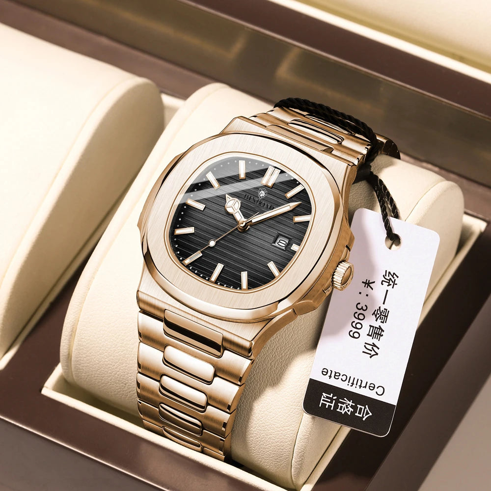 Nuevos relojes de pulsera de cuarzo de moda casual para negocios, reloj de oro rosa para hombres, reloj de lujo, relojes automáticos para hombres, reloj masculino negro