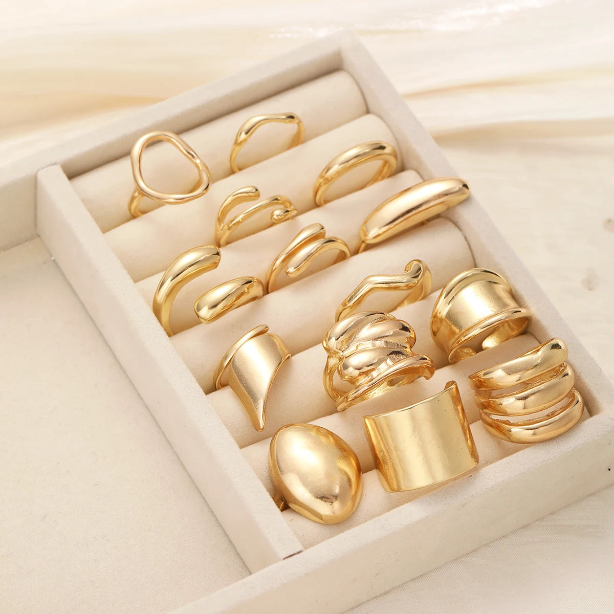 14Pcs/Set Vintage Glatte Offene Ringe Set für Frauen Geometrische Kreative Unregelmäßige Goldfarbe Fingerringe Trendiger Täglicher Schmuck Geschenk