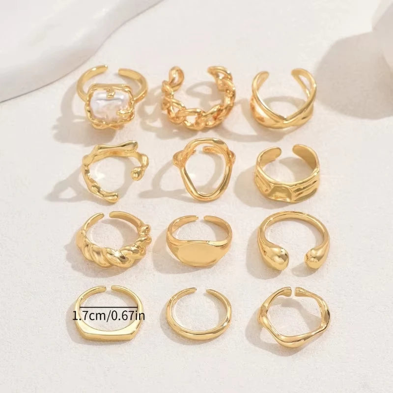 12tlg./Set Vintage Böhmischer Damenring-Set, perfekt für Strandurlaub und Freizeit, passend für alle Jahreszeiten