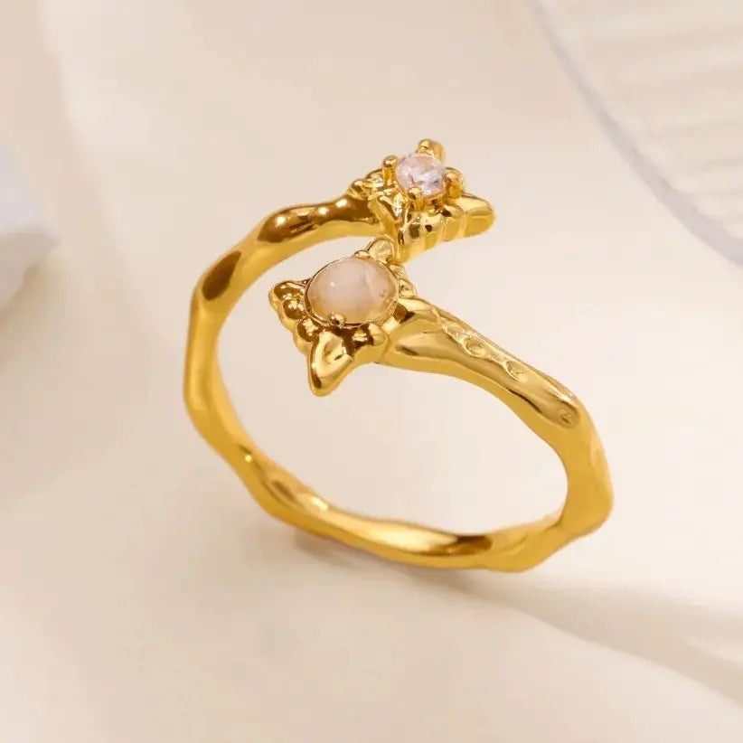 Zirkon Blumenringe für Frauen Goldfarbene Doppelte Blume Verstellbarer Edelstahlring Hochzeit Party Weihnachtsgeschenk Schmuck