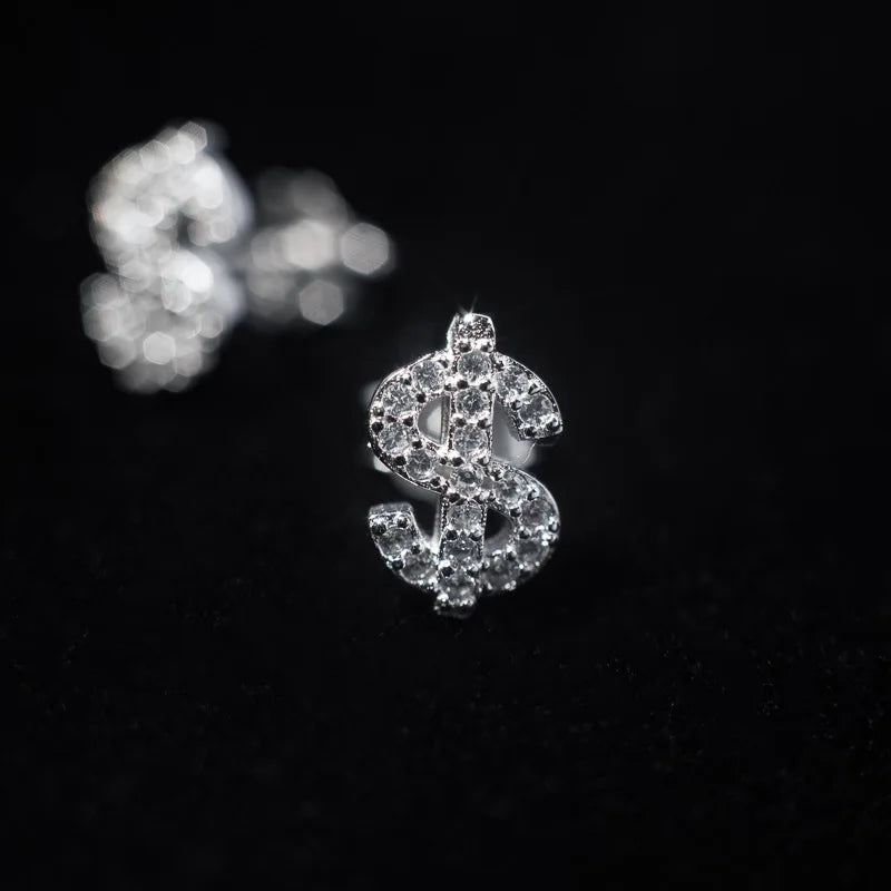 Pendientes de moda para hombre y mujer con diseño de letras de dólar americano, con diamantes, de alta gama, superbrillantes, estilo hip hop, tendencia nicho.