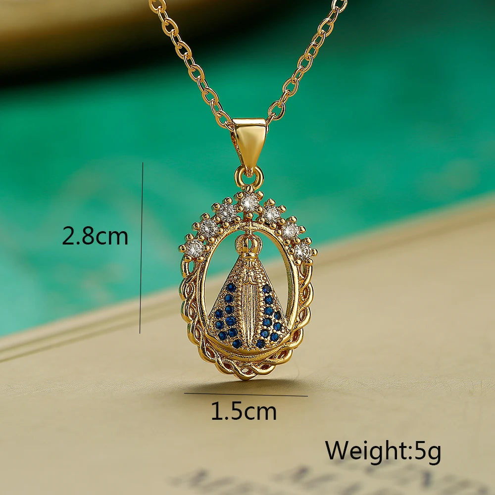 NEWBUY High Quality Women's Religious Jewelry Copper CZ Zircon Inlay Virgin Mary Pendant Stainless Steel Chain Necklace
