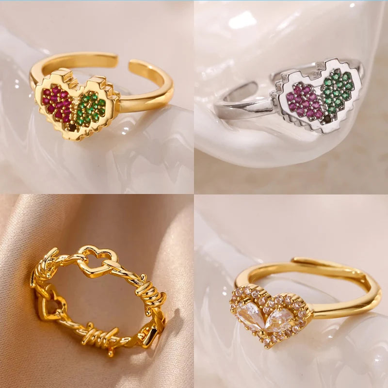 Zirkonia Herzring für Damen Goldfarben Edelstahl Herz Verstellbarer Ring Hochzeitstag Wasserdichter Schmuck Geschenk