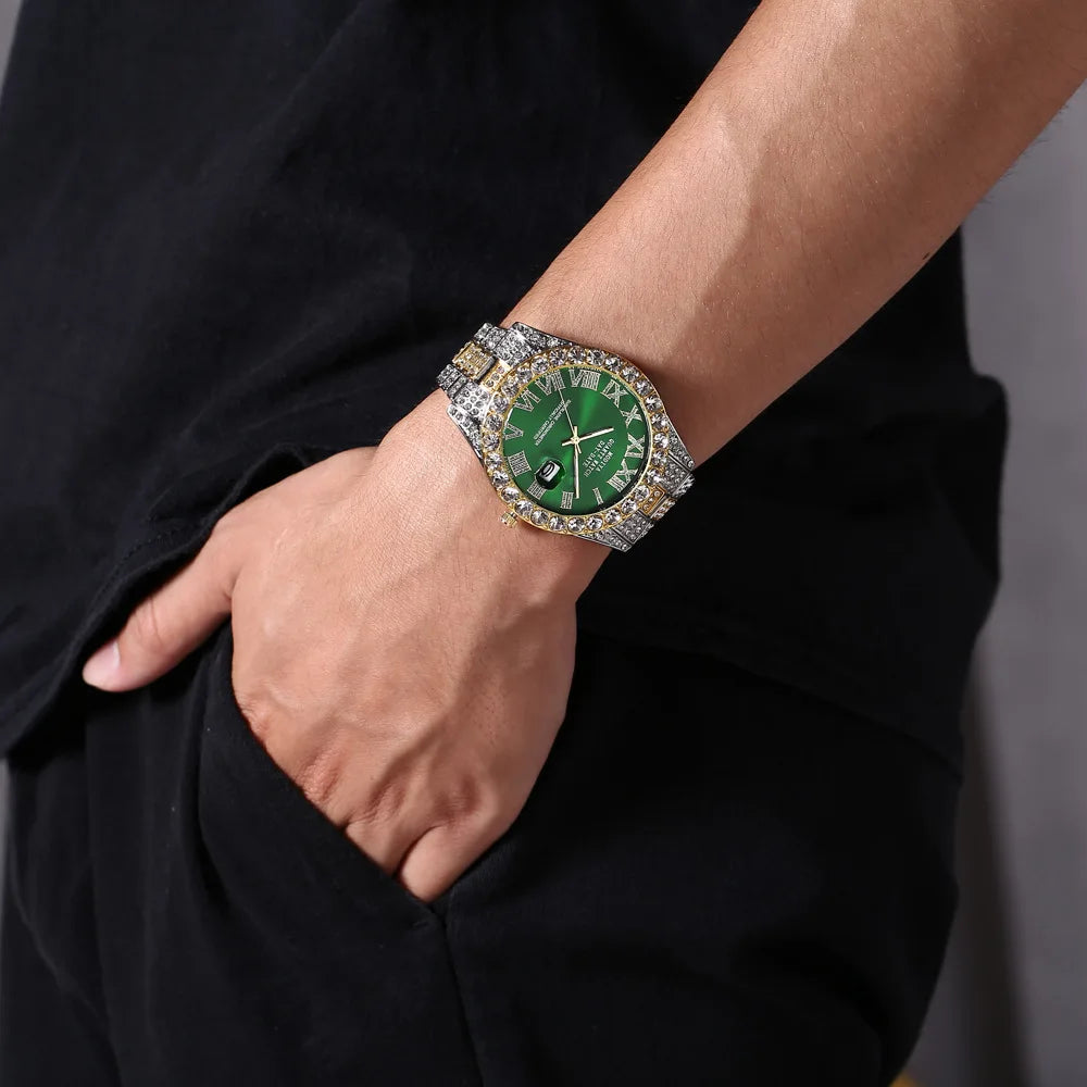 Reloj de diamante brillante Hot Sale para hombre, color oro, de lujo, de cuarzo, reloj masculino, dropshipping, calendario de diamantes de imitación, reloj de pulsera