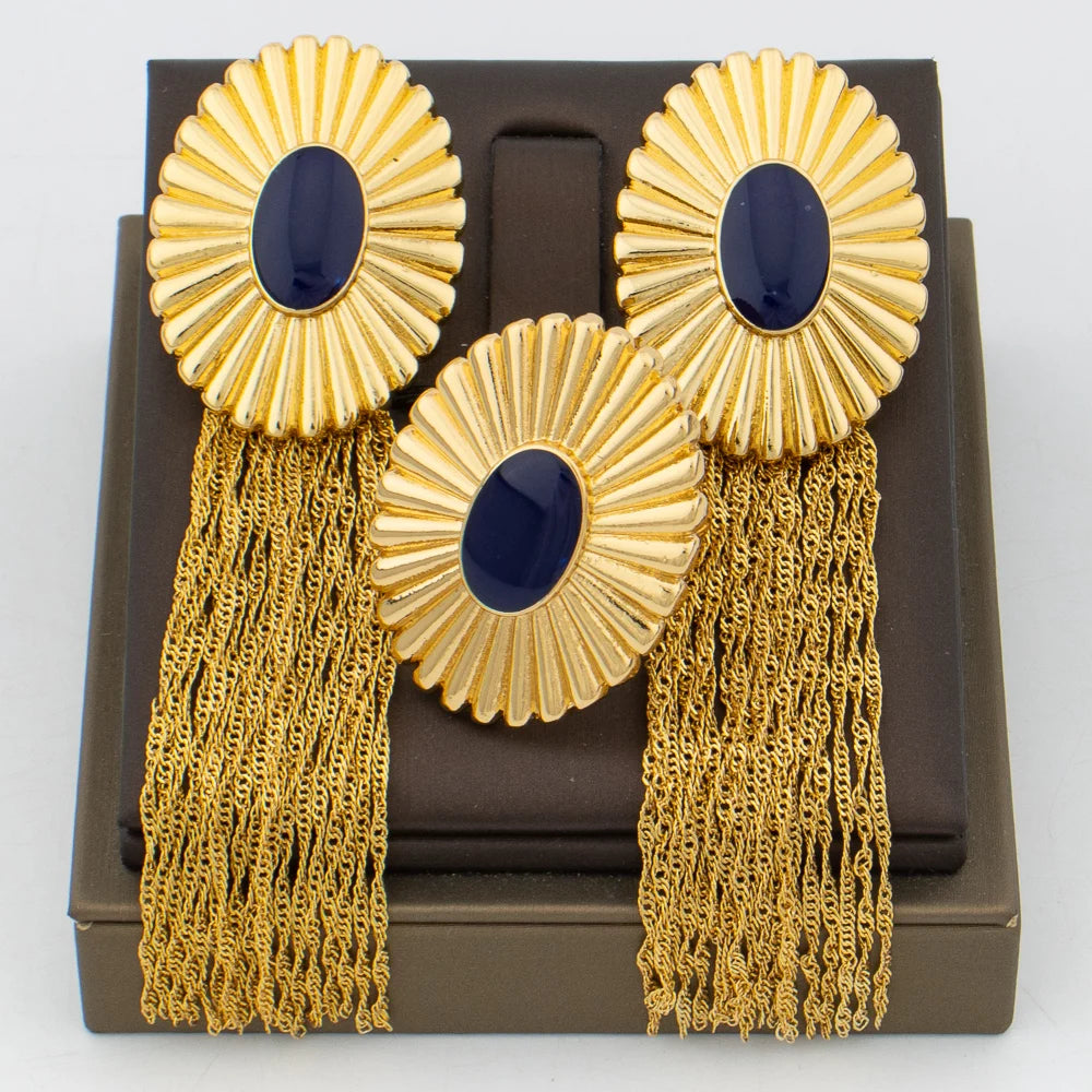 Luxuriöse Quastenohrringe mit Ringset für Dubai Afrikanisches Goldfarben- und Schwarzfarben-Schmuckset Quadratisches Design Ohrringe